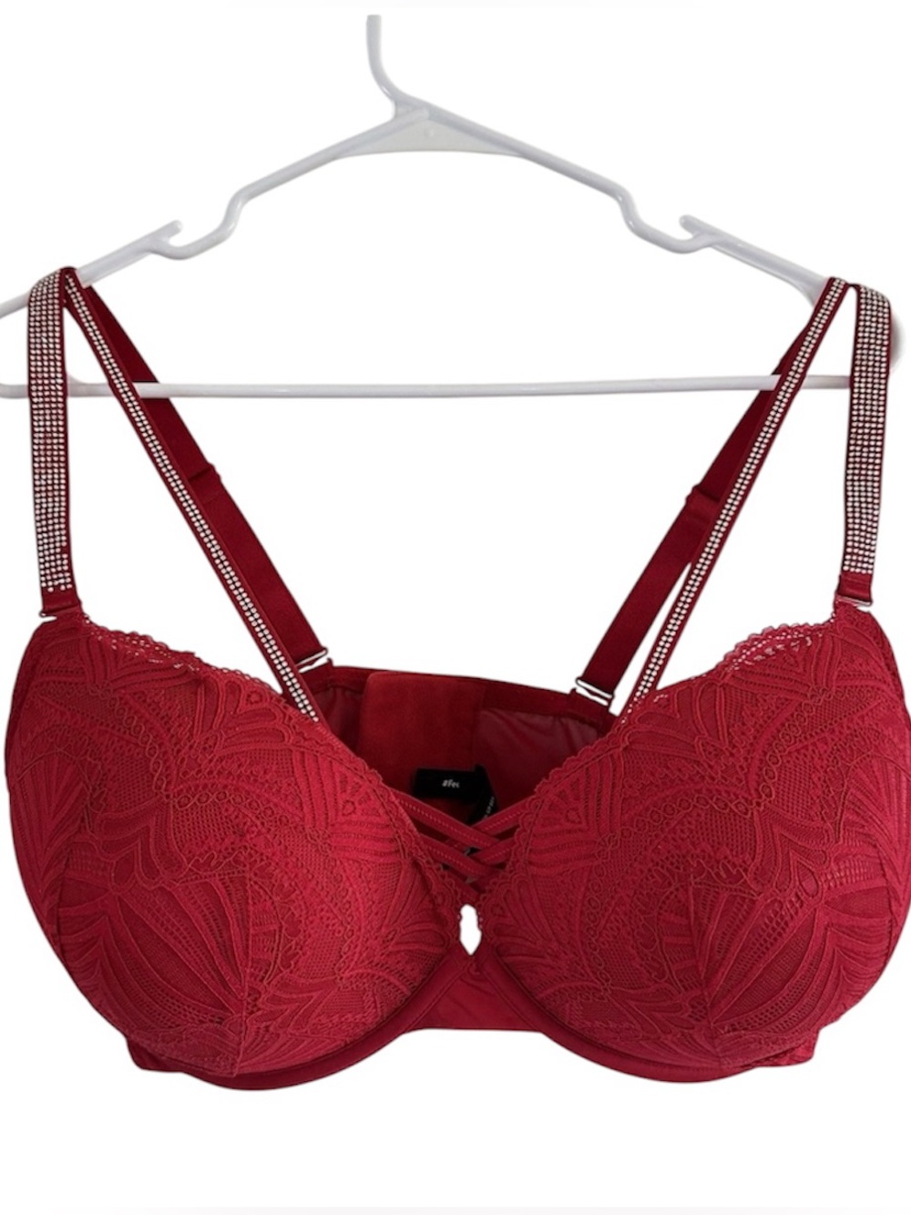 Torrid XO Plunge Push Up Bra 42C Diamante Straight Back Red Rhinestone Bling 42C